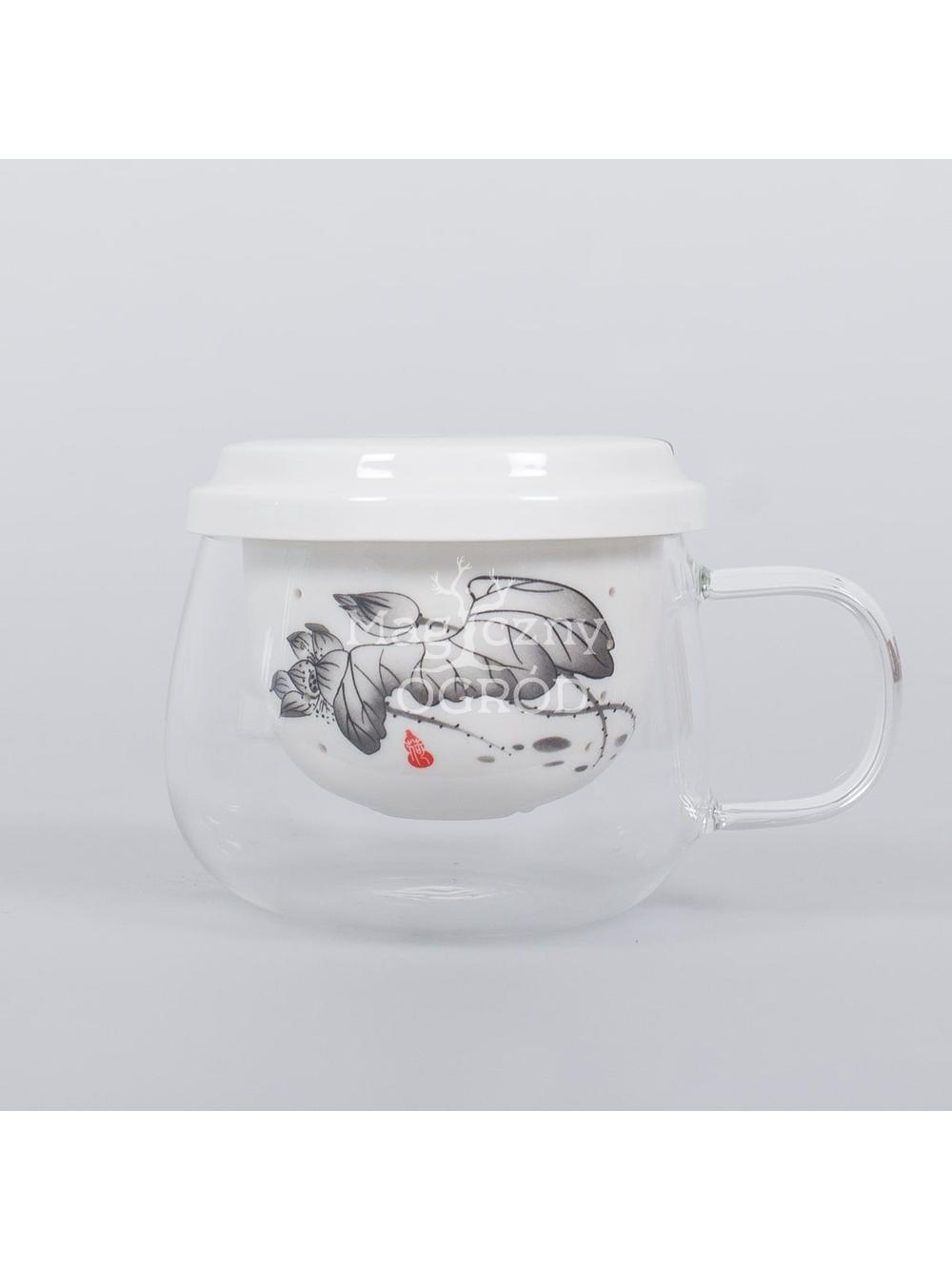 Kubek szklany z porcelanowym  zaparzaczem Piwonia
