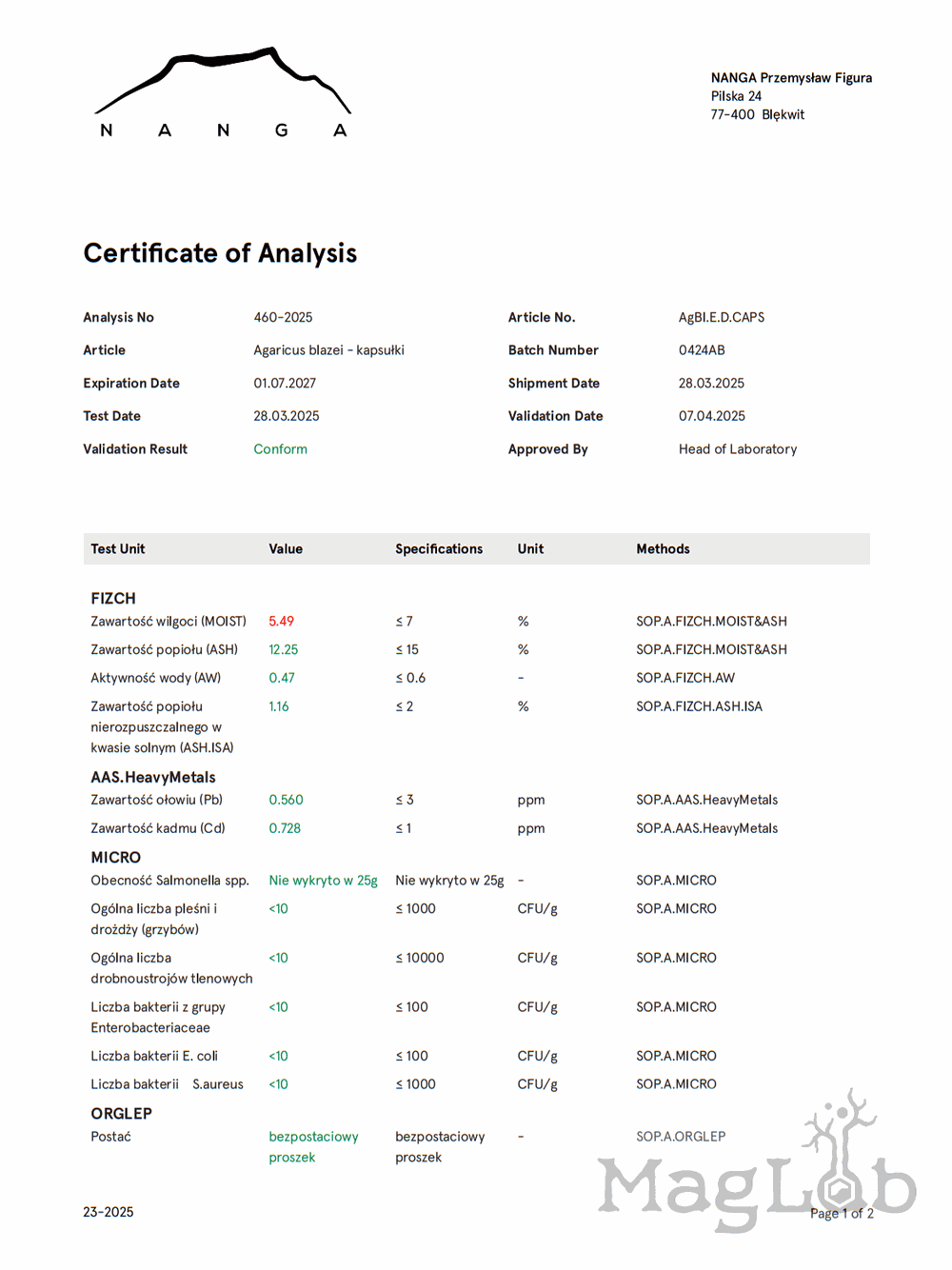 Agaricus blazei ekstrakt 100 kapsułek x  500 mg