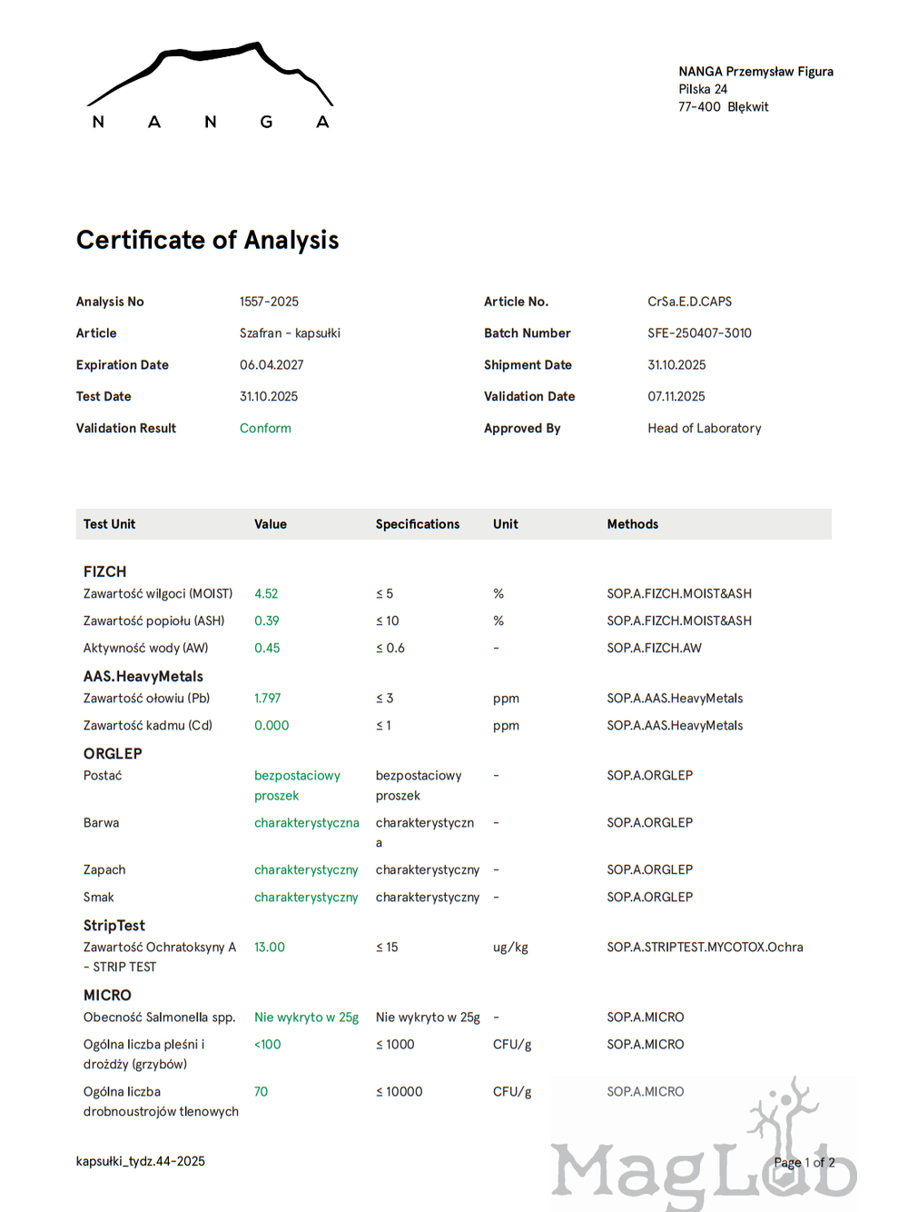 Szafran ekstrakt 60 kapsułek x 125 mg